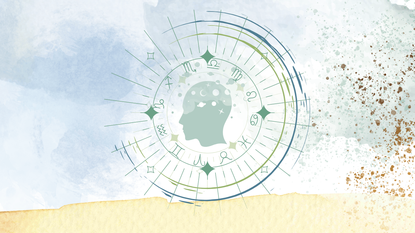Głowa człowieka  w kosmosie, otoczona znakami zodiaku, nad głową krążą planety, gwiazdy, ciała niebieskie.