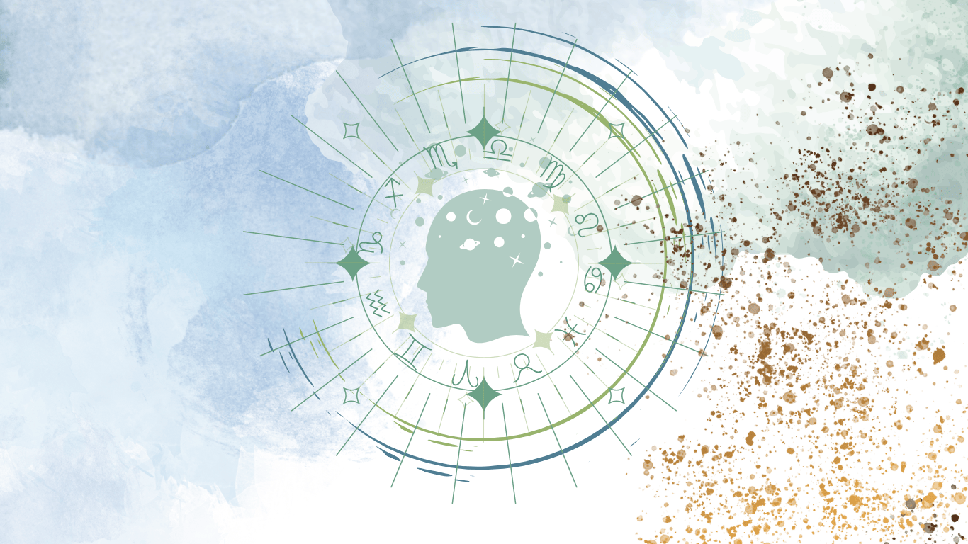 Głowa człowieka  w kosmosie, otoczona znakami zodiaku, nad głową krążą planety, gwiazdy, ciała niebieskie.