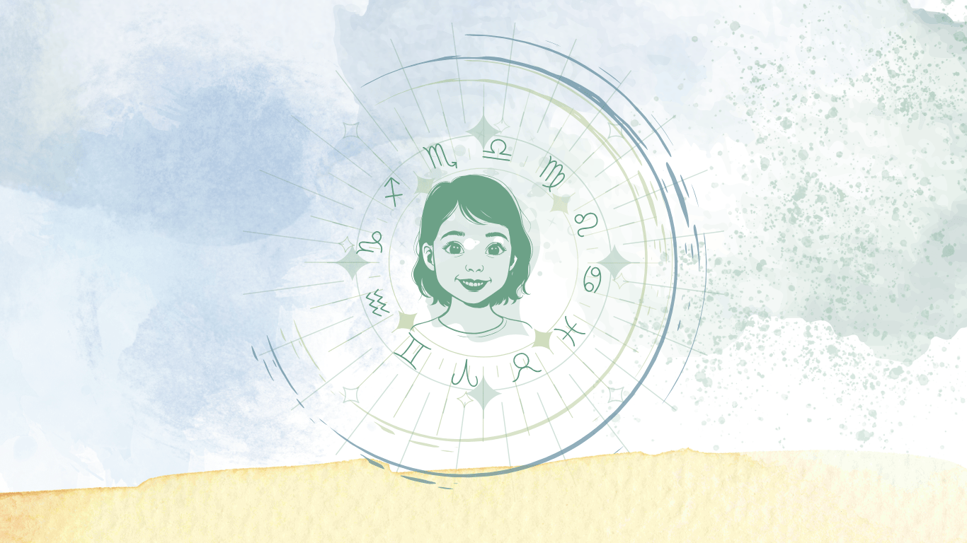 głowa dziecka  w kosmosie, dziecko uśmiechnięte na twarzy,  głowa otoczona znakami zodiaku, nad głową krążą planety, gwiazdy, ciała niebieskie.