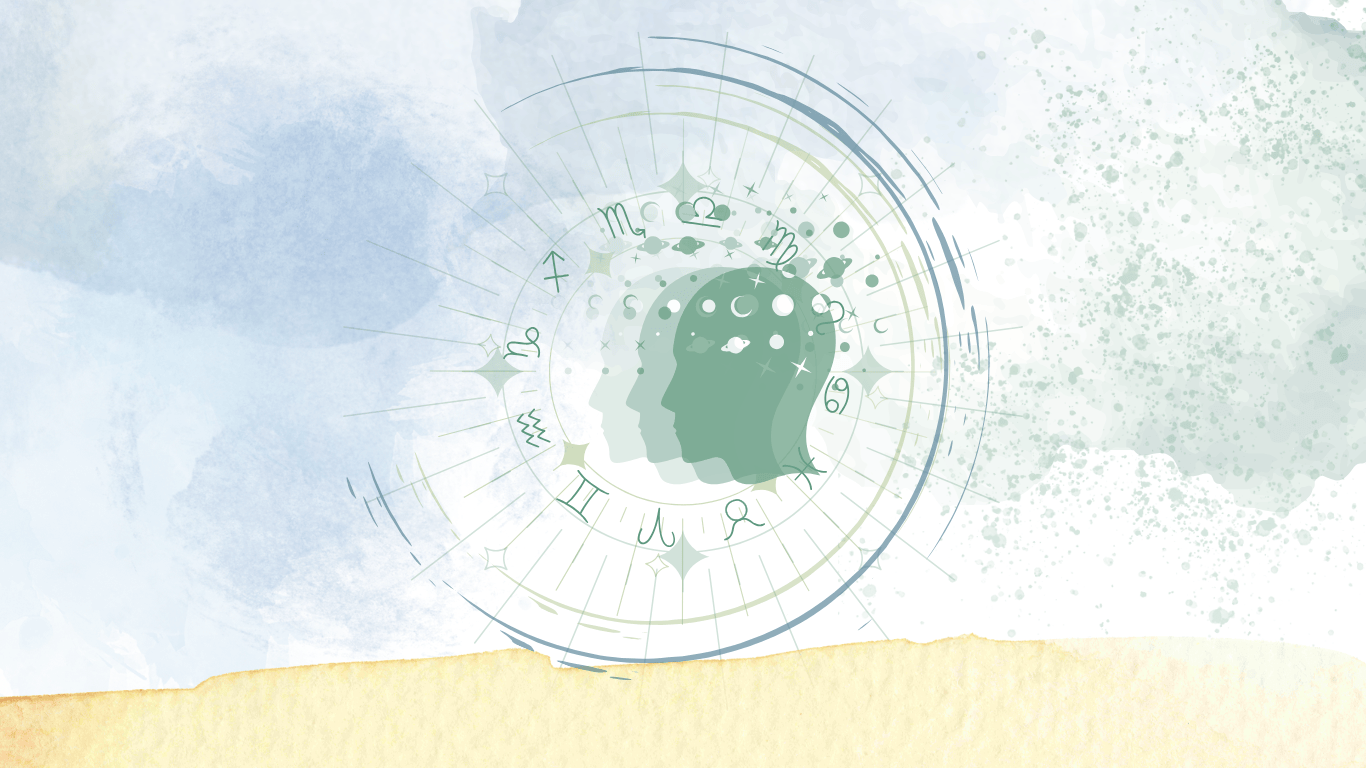 Trzy głowy człowieka każda w innym odcieniu niebieskiego, głowy w kosmosie, otoczona znakami zodiaku, nad głową krążą planety, gwiazdy, ciała niebieskie.