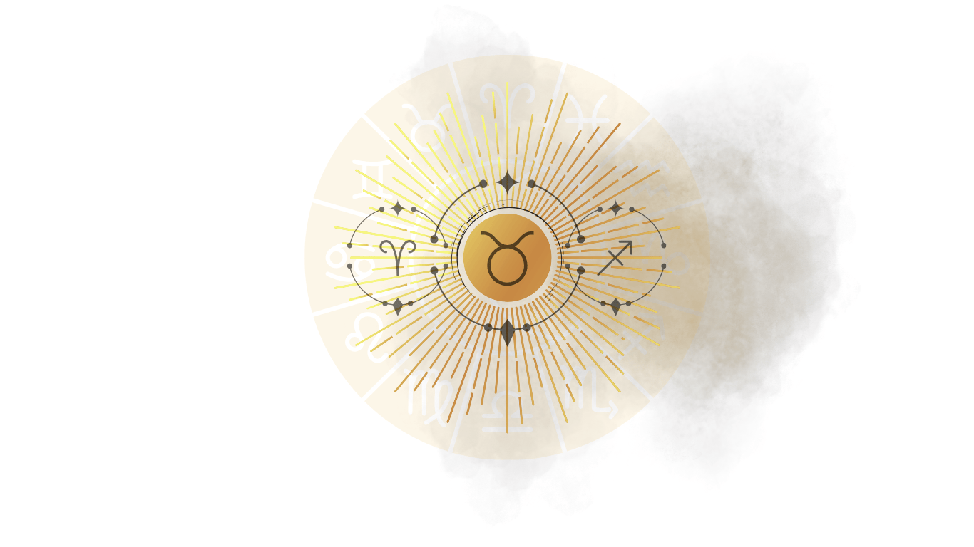 Znaki zodiaku, symbol astrologiczny byka, barana , strzelca ,na tle promienistego złotego słońca