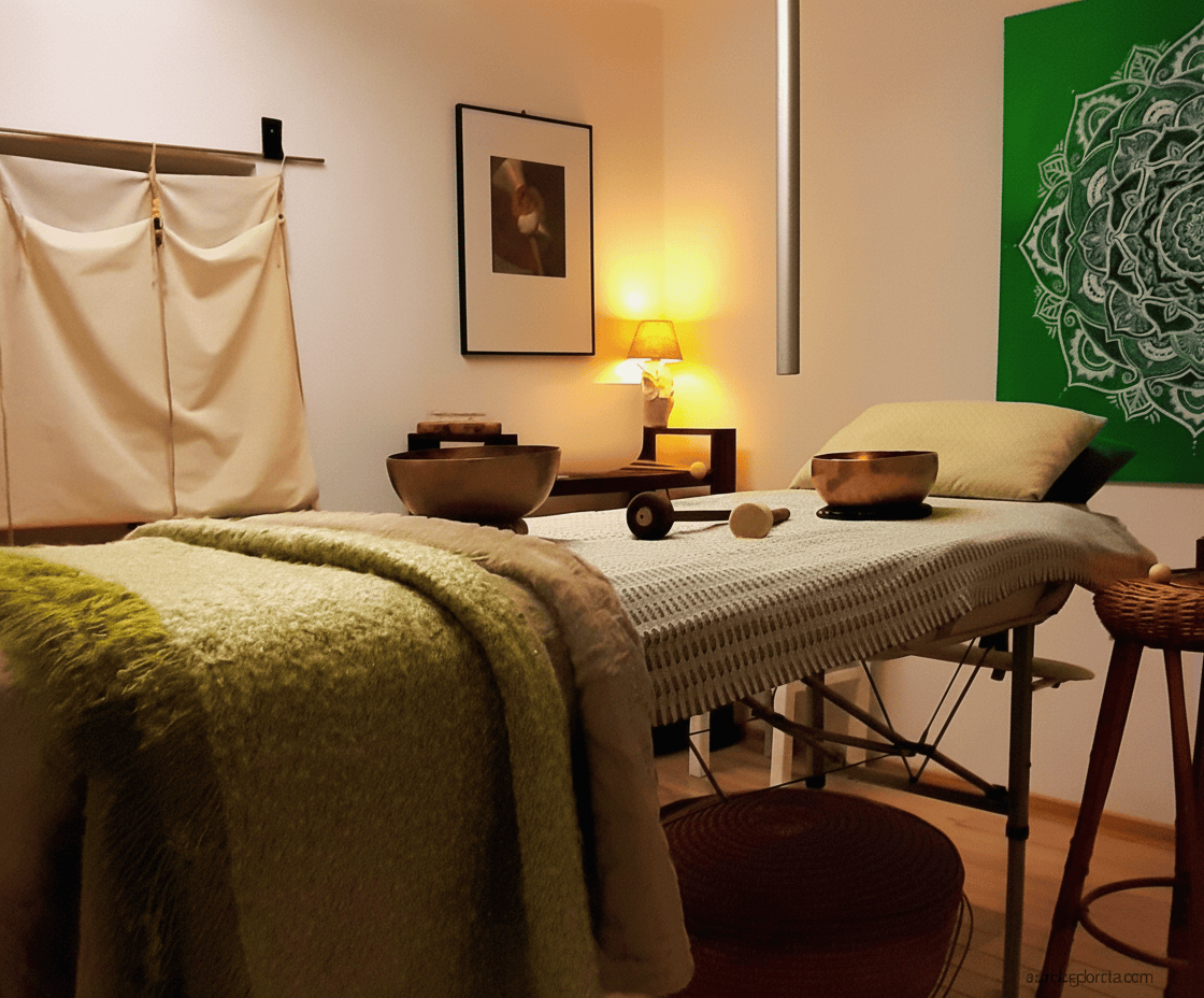 Łóżko terapeutyczne przykryte miękkim zielonym beżowym kocem, misa mosiężna , misa kryształowa, tuba harmoniczna, poduszka