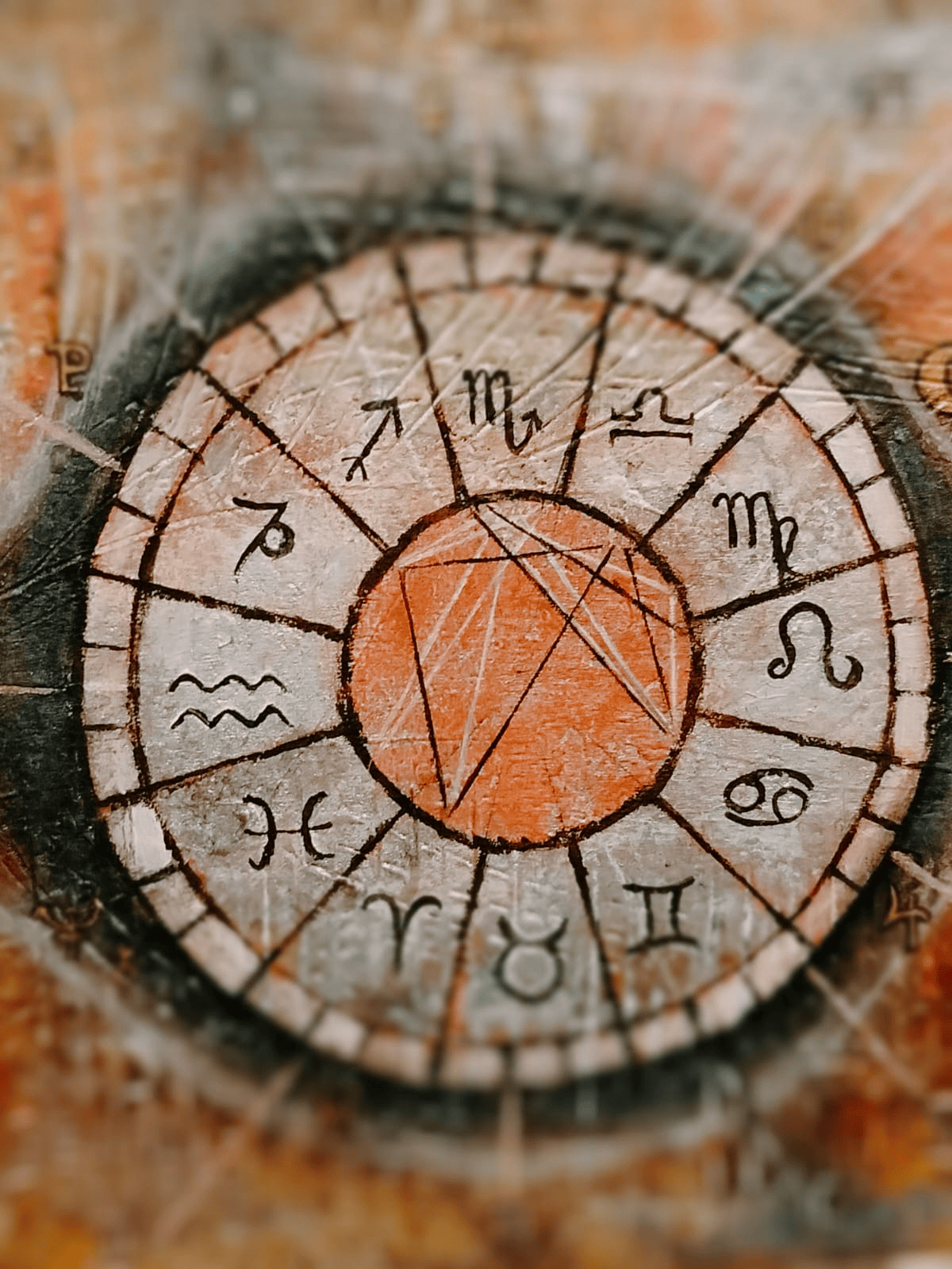 obraz horoskopu, namalowane symbole znaków zodiaku, na środku koła namalowane aspekty w horoskopie