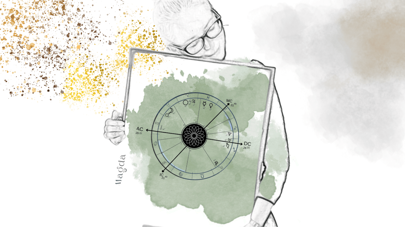 Kobieta w okularach trzyma i tuli obraz na którym namalowany jest horoskop