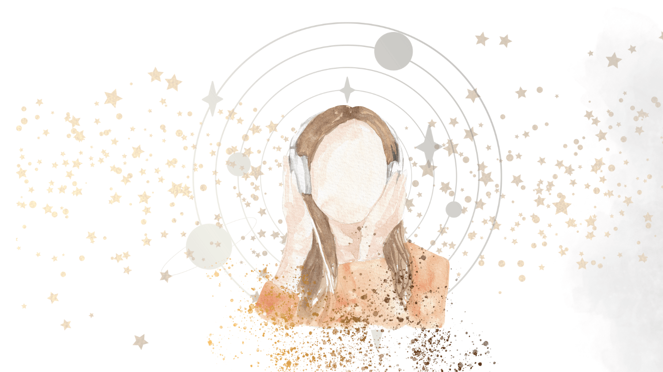 Kobieta w słuchawkach trzyma na nich dłonie, w tle gwiazdy i orbity 