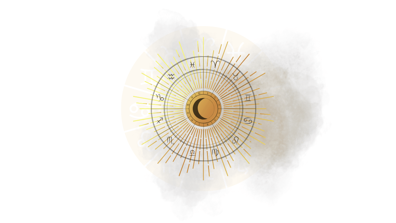 Znaki zodiaku, księżyc na tle promienistego złotego słońca