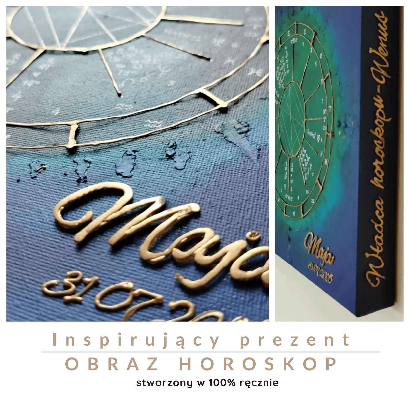 Namalowany horoskop , złote litery i cyfry na niebieskim tle, astro art horoskop